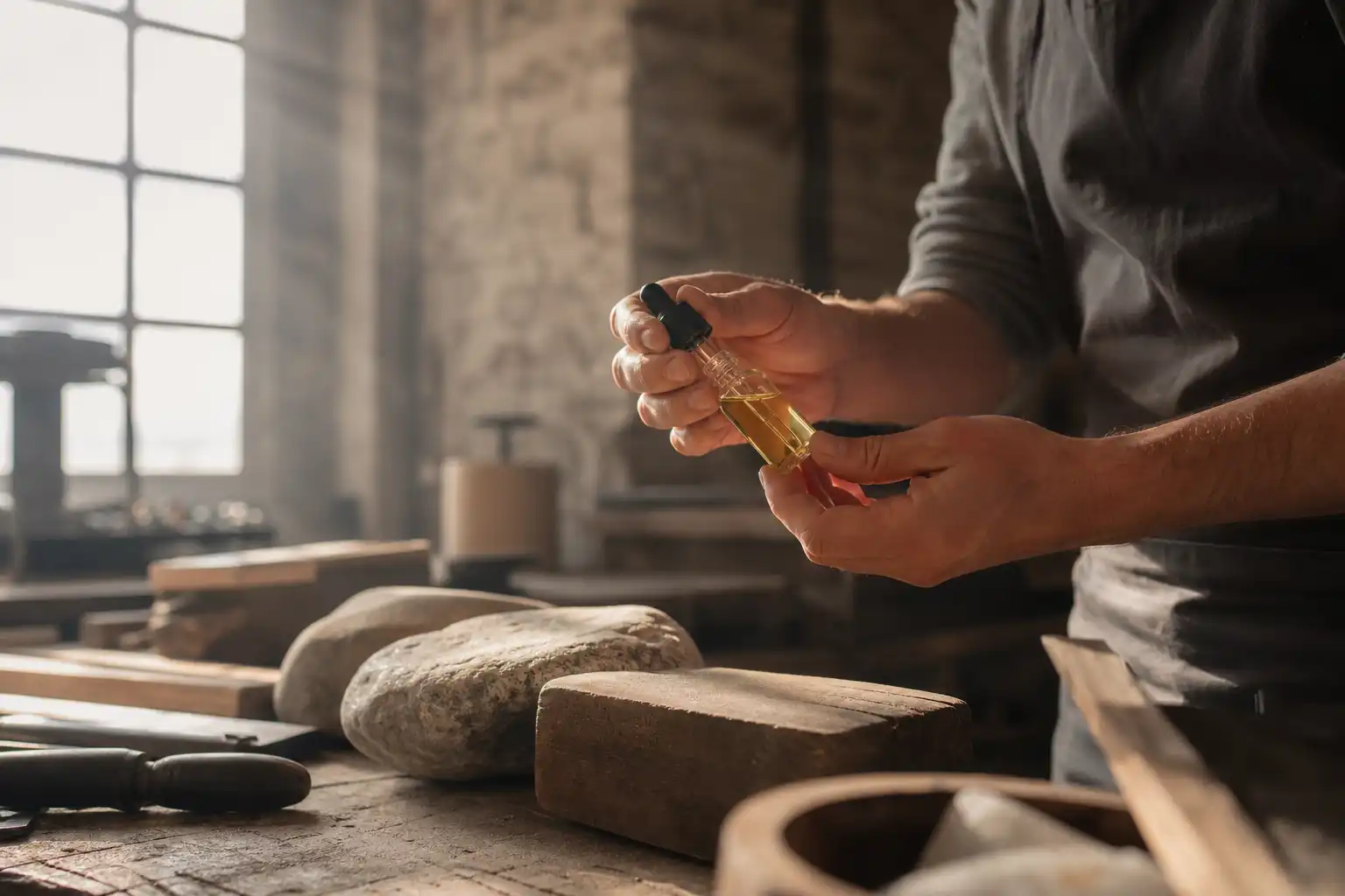 Quelqu'un examine un objet, autour de mister cbd fr, dans un atelier.