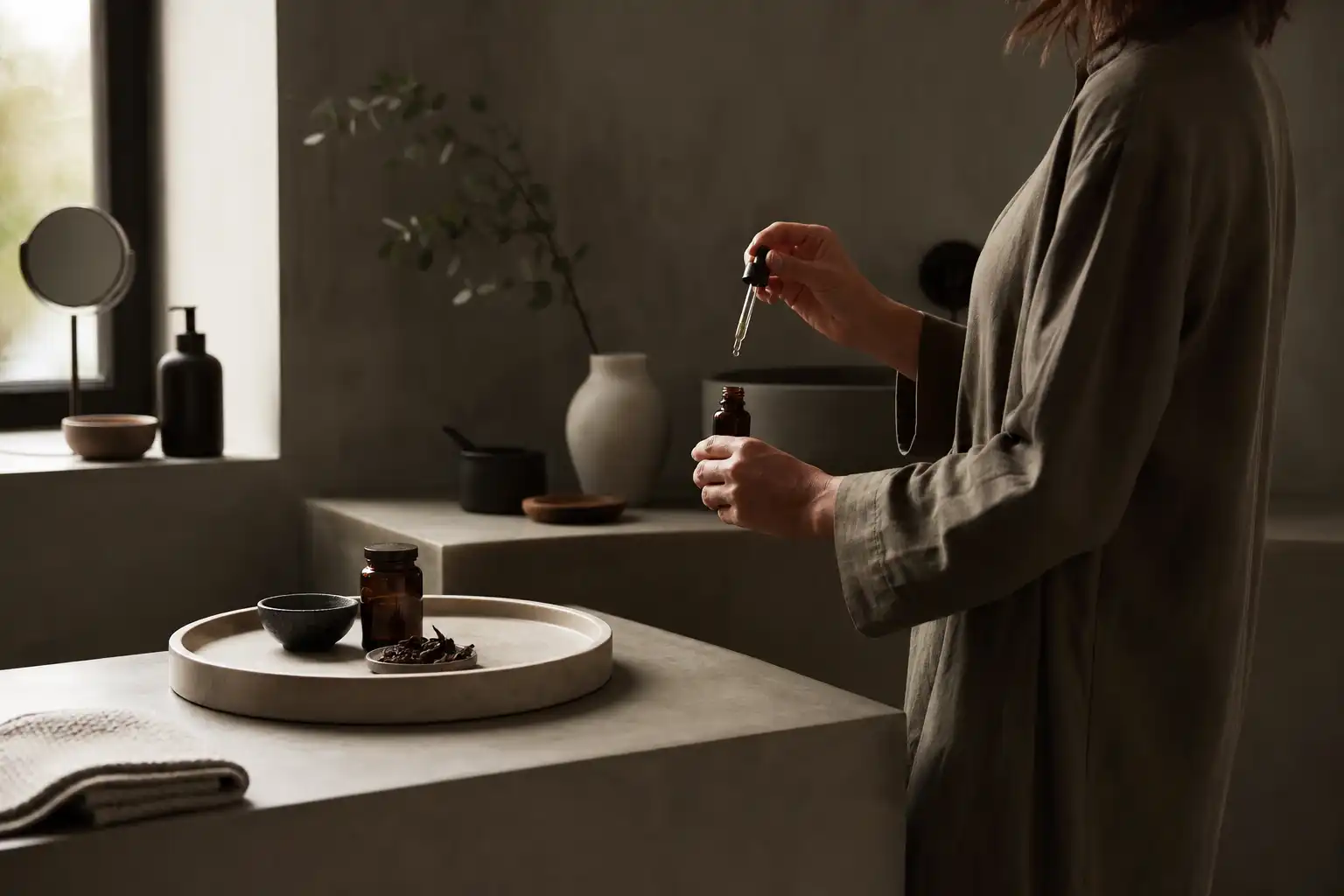 Quelqu'un dose quelque chose, autour de sites cbd, dans une salle de bain.