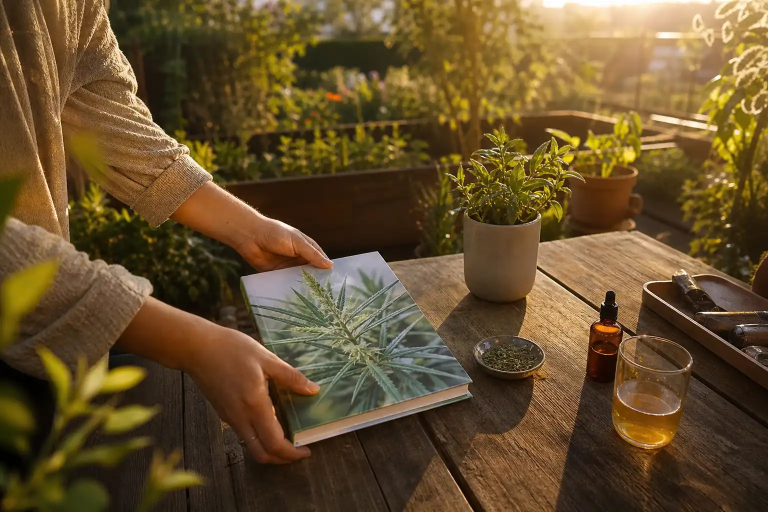 Quelqu'un dispose un objet, autour de cbd repères pratiques, dans un jardin.