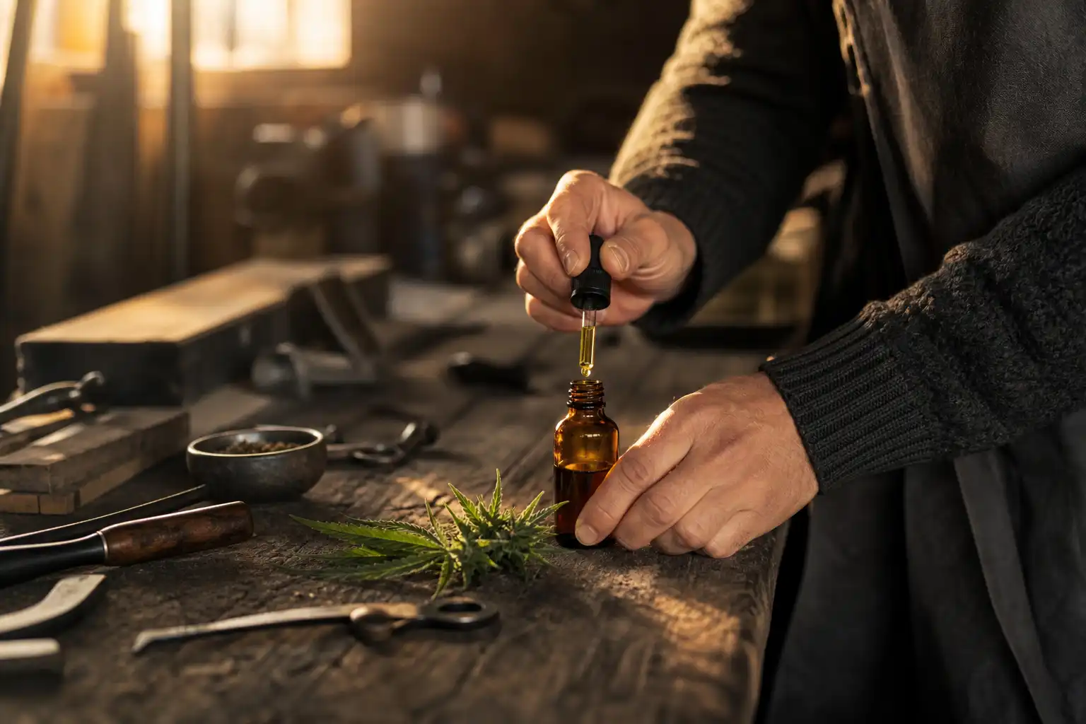 Quelqu'un dispose un objet, autour d'huile cbd effets, dans un atelier.
