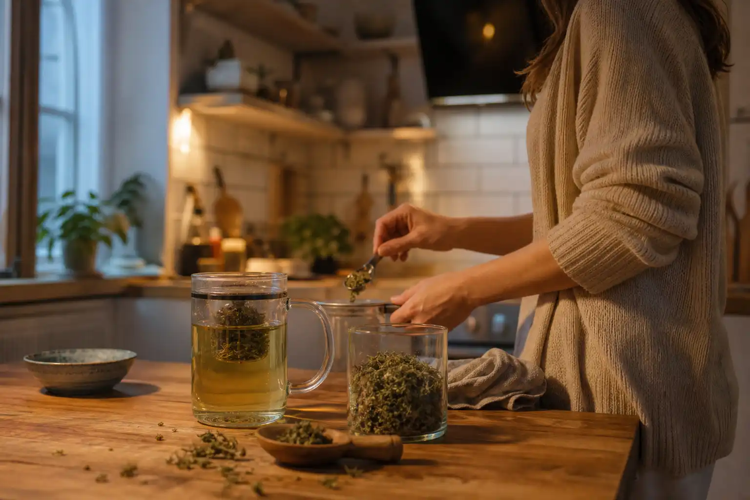 Quelqu'un dose quelque chose, autour d'une infusion de chanvre et ses fleurs séchées, dans une cuisine.