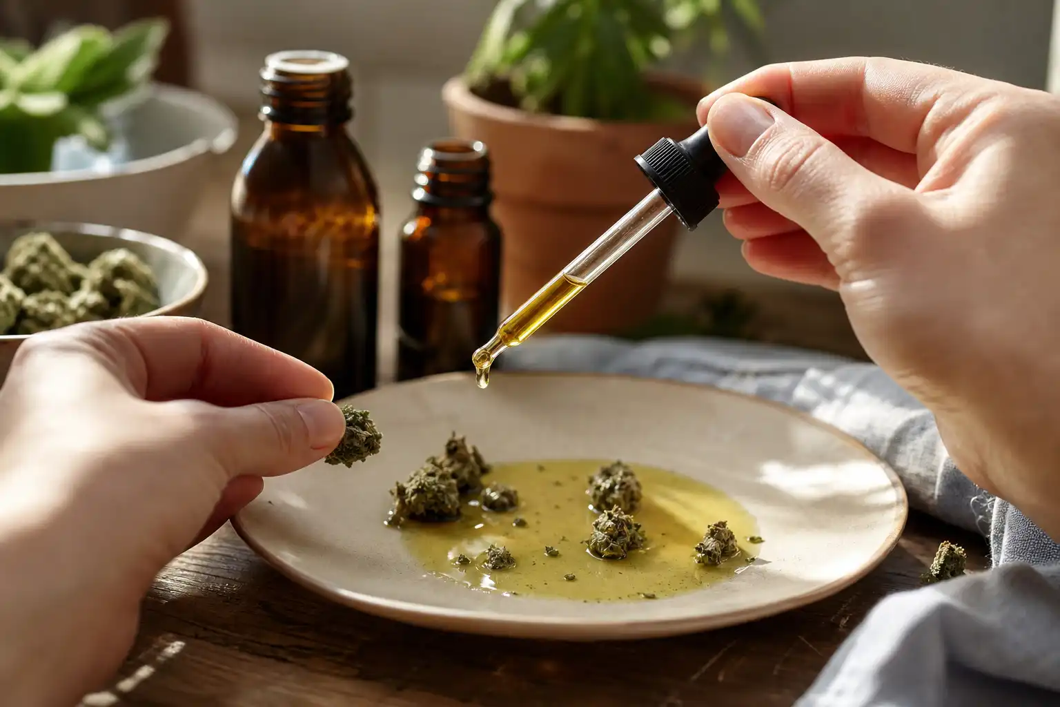 Des mains manipulent un objet, autour de dangers cbd effets, dans une cuisine.
