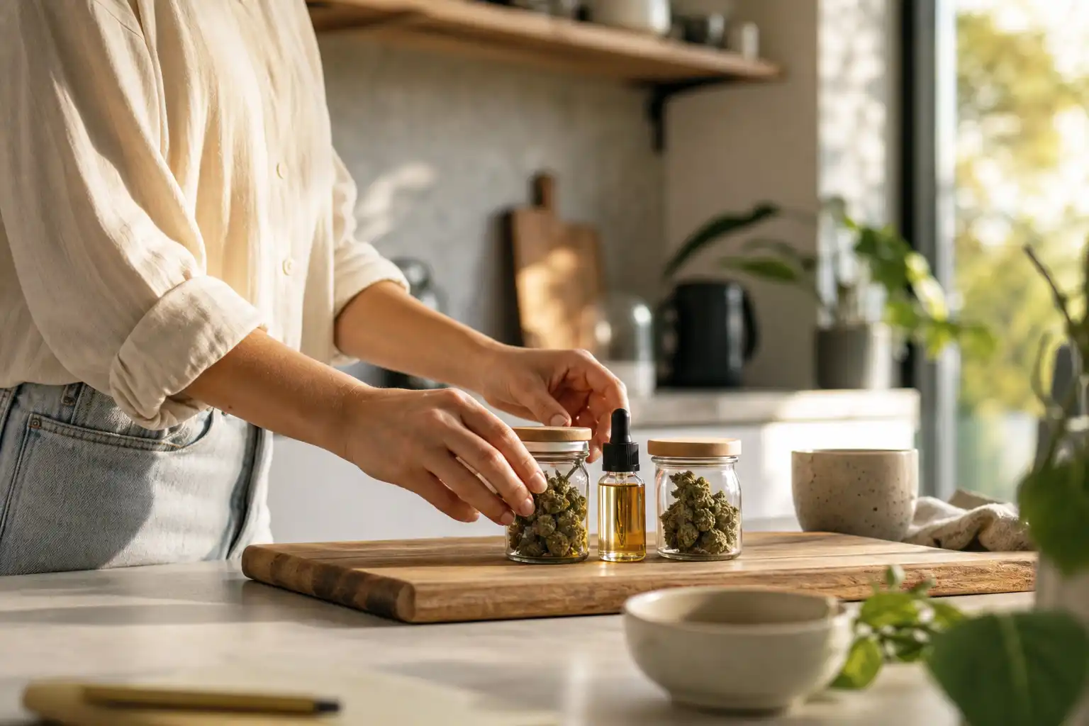 Quelqu'un dispose un objet, autour d'hhc cbd différence, dans une cuisine.