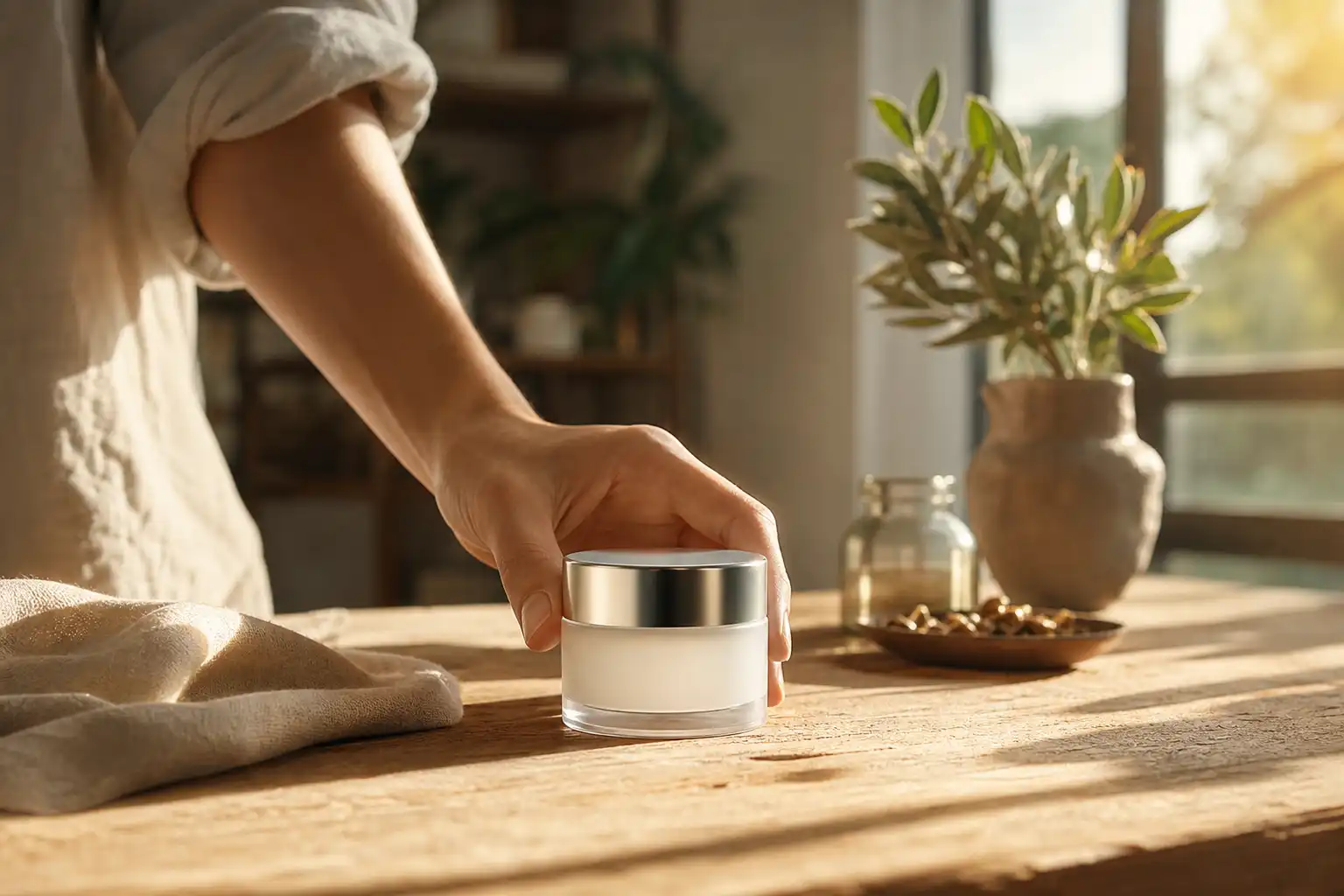Quelqu'un dispose un objet, autour de kamol cbd gel, près d'une table en bois.