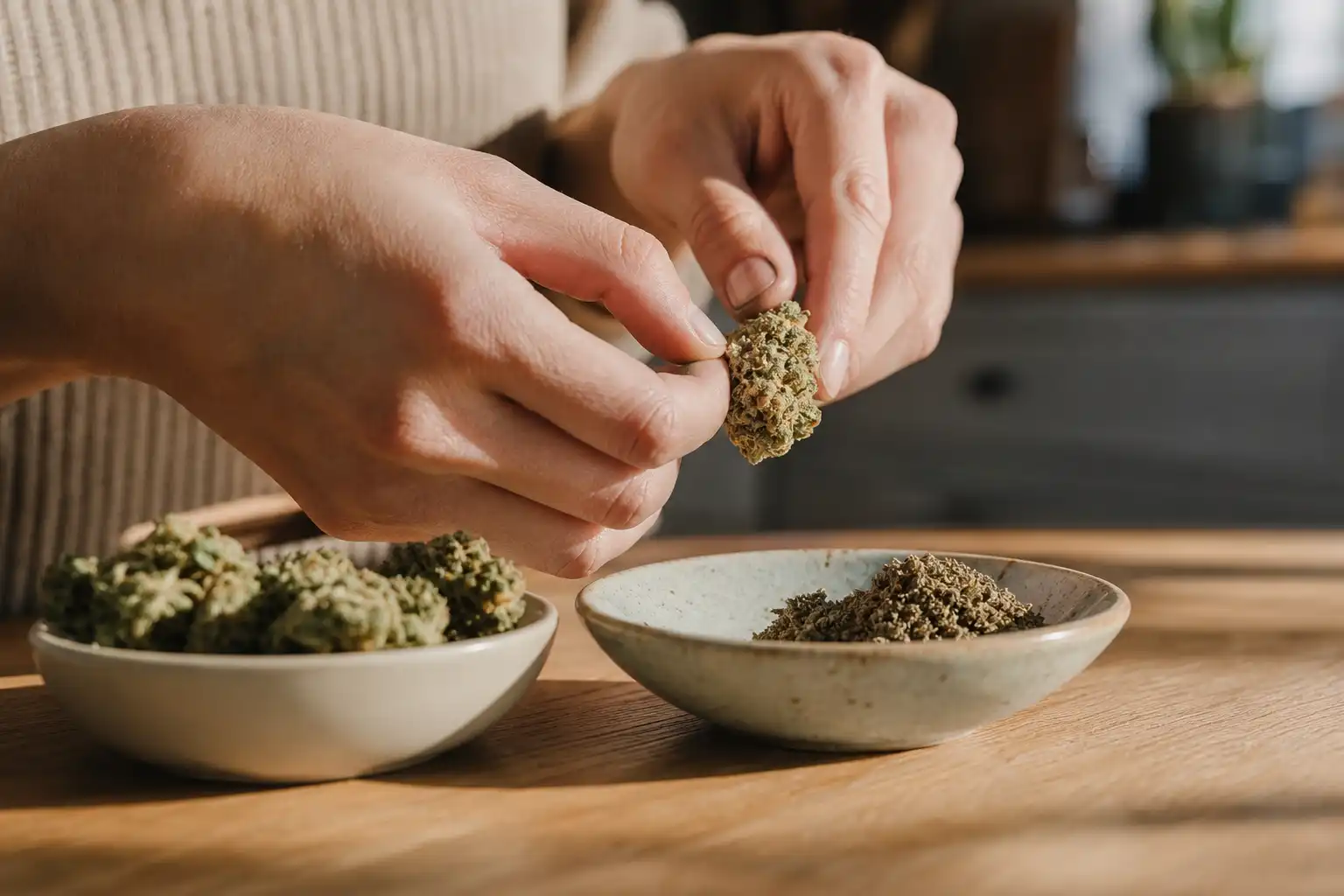 Des mains disposent un objet, autour d'hhc cbd différence, dans une cuisine.