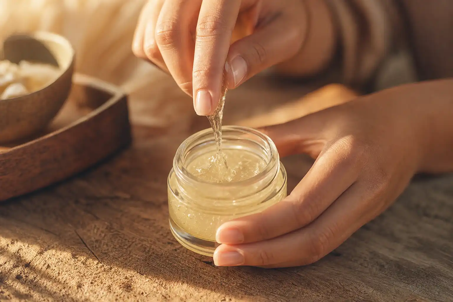 Des mains disposent un objet, autour de kamol cbd gel, près d'une table en bois.