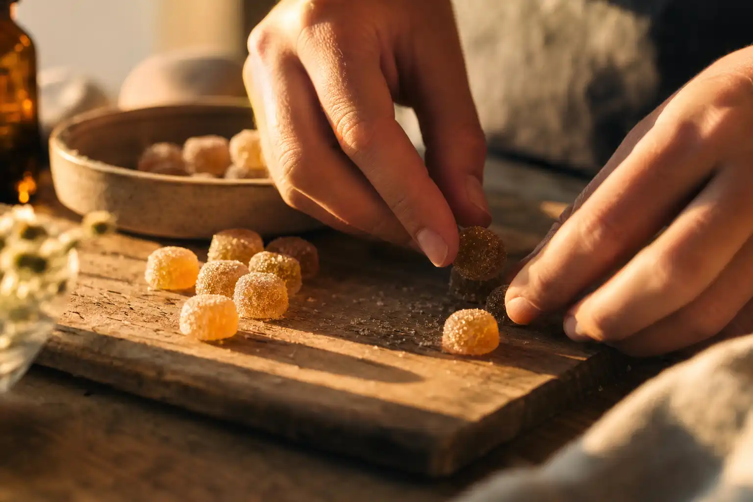 Des mains préparent quelque chose, autour de cbd gummies conseils, près d'une table en bois.
