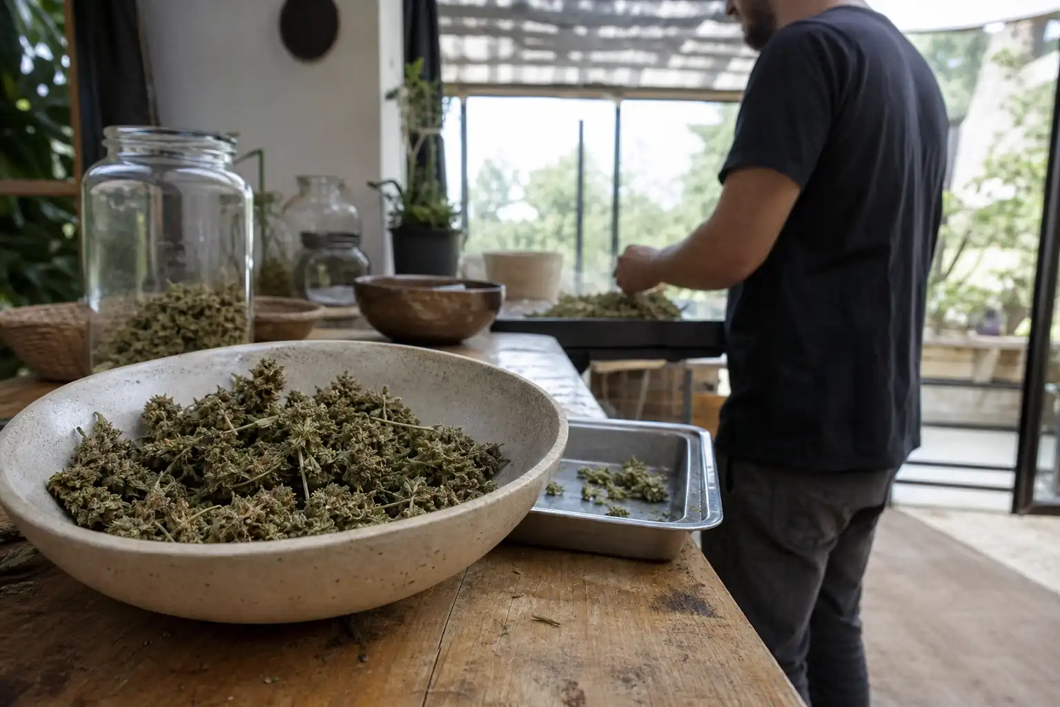 Quelqu'un prépare quelque chose, autour de trim cbd présentation, près d'une table en bois.