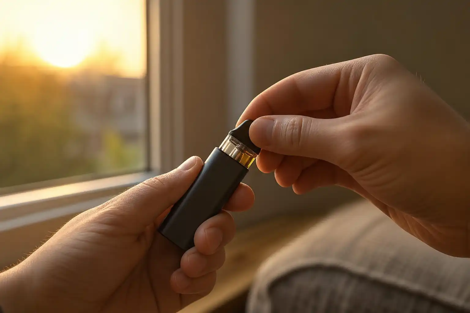 Des mains manipulent un objet, autour de puff cbd guide, près d'une fenêtre.
