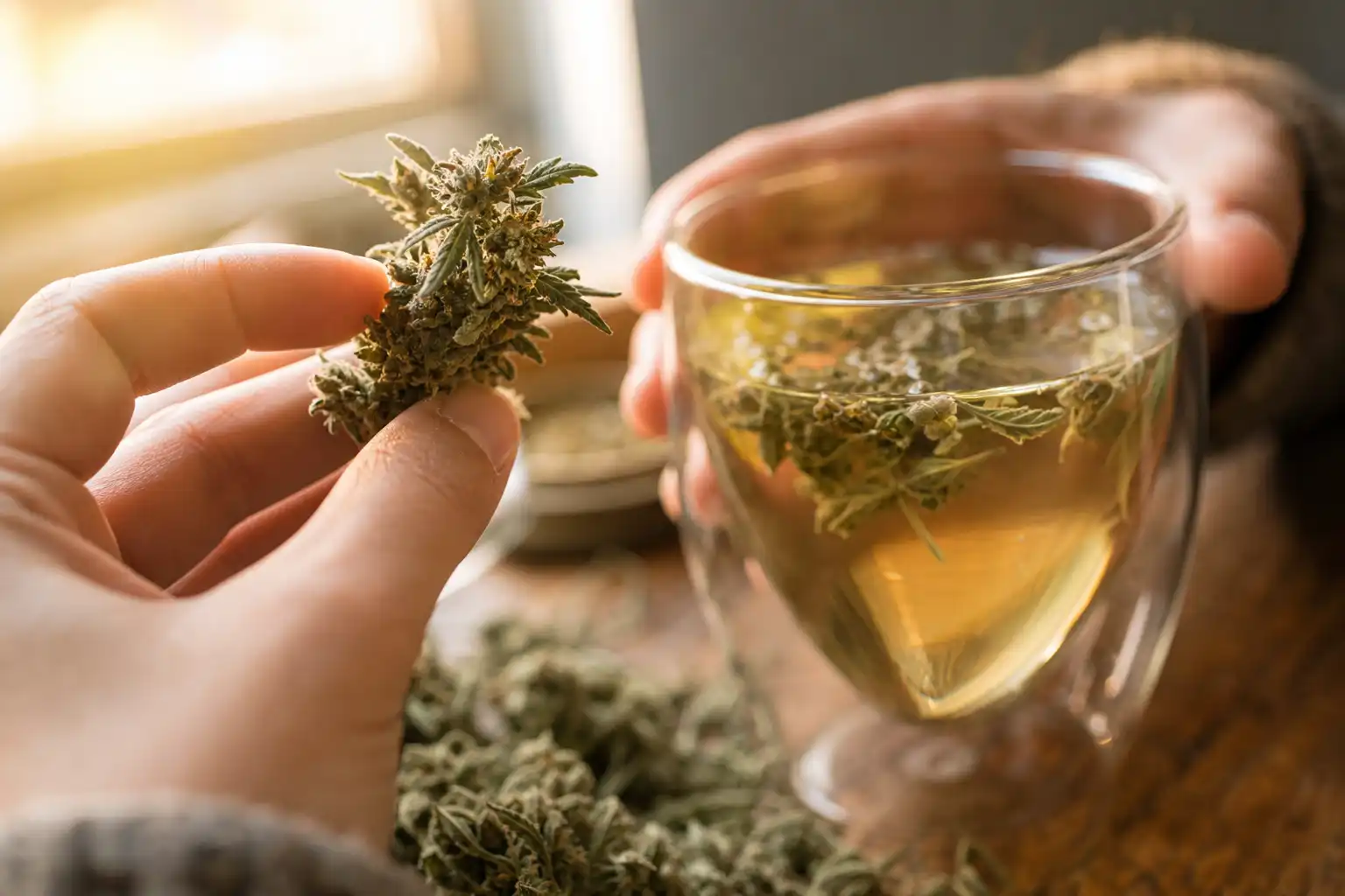 Des mains examinent un objet, autour d'une infusion de chanvre et ses fleurs séchées, près d'une fenêtre.