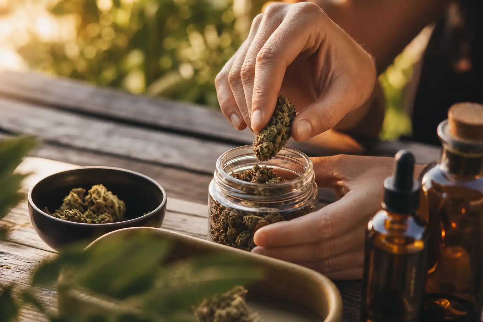 Des mains disposent un objet, autour de cbd repères pratiques, dans un jardin.