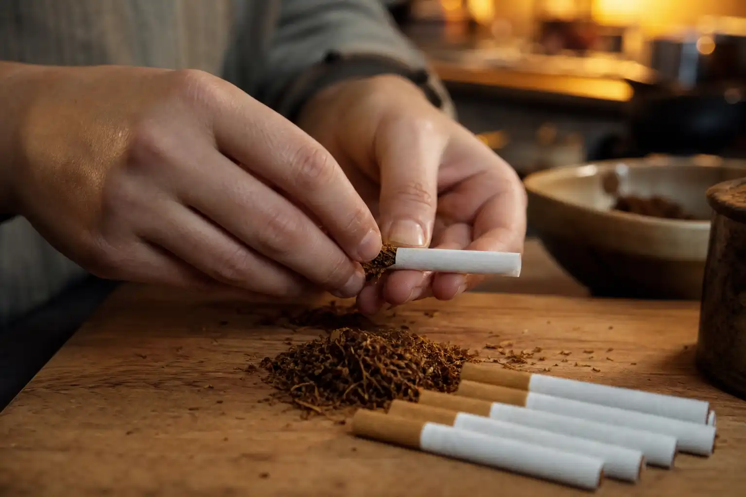 Des mains préparent quelque chose, autour de cigarettes cbd nicotine, dans une cuisine.