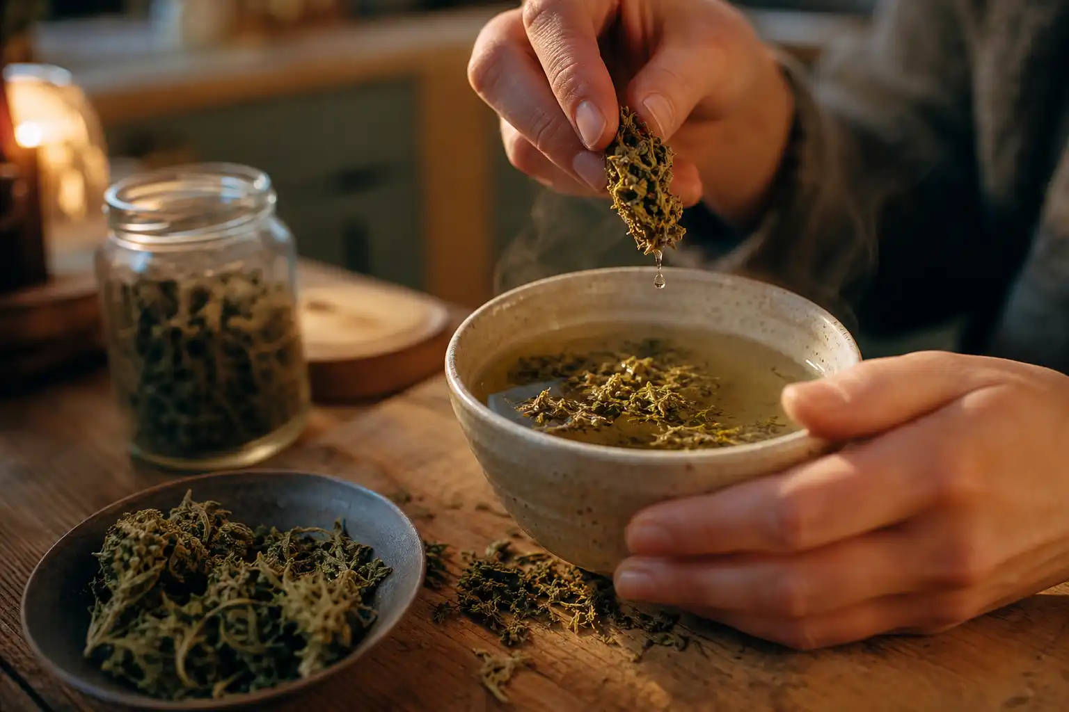 Des mains manipulent un objet, autour d'une infusion de chanvre et ses fleurs séchées, dans une cuisine.