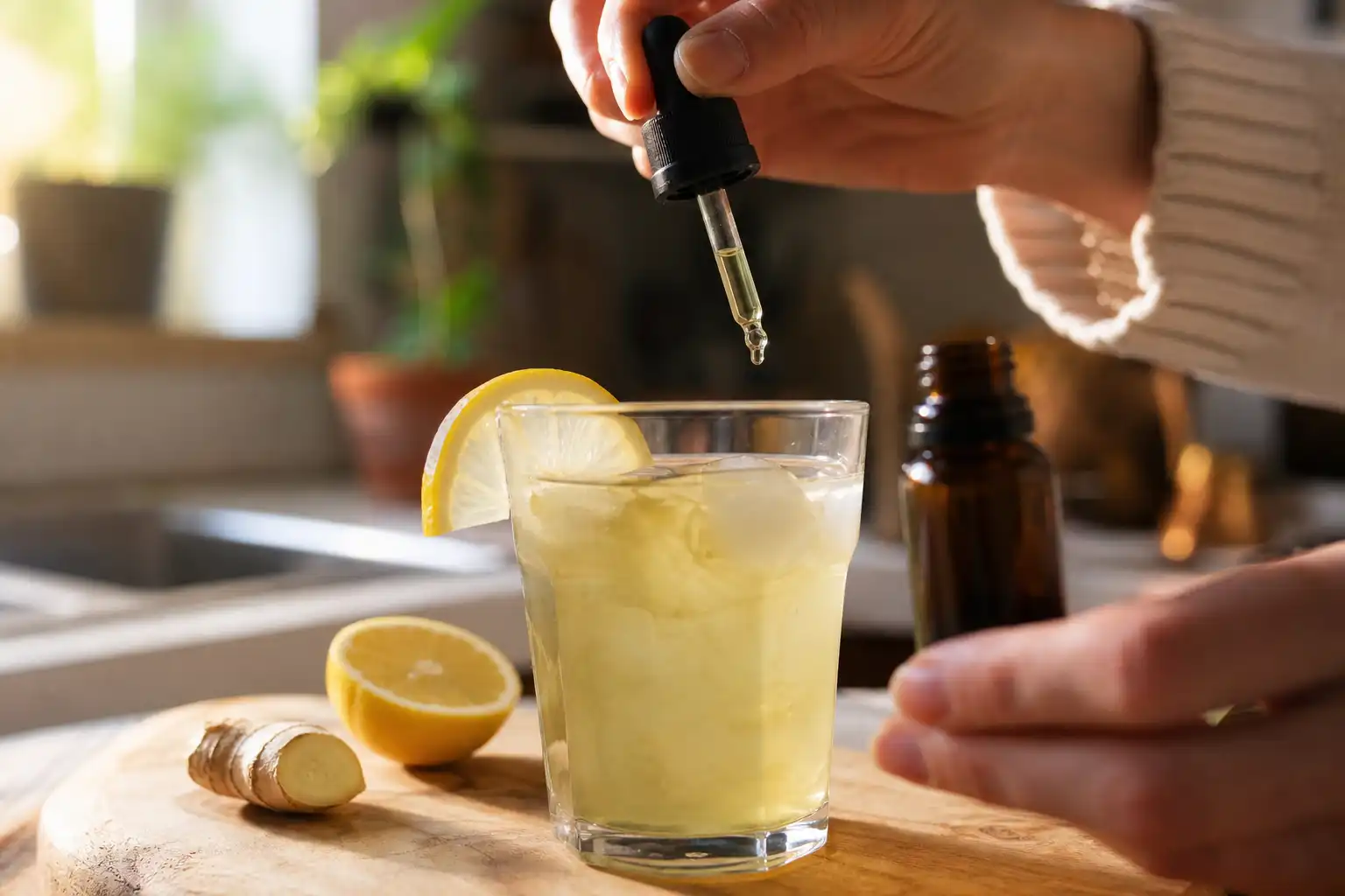 Des mains préparent quelque chose, autour de boisson cbd, dans une cuisine.