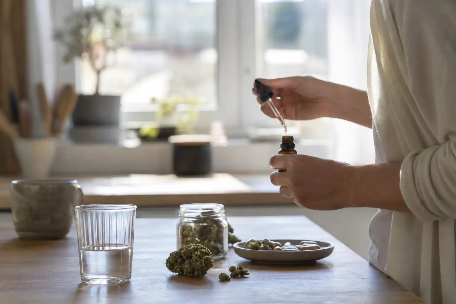Quelqu'un manipule un objet, autour de dangers cbd effets, dans une cuisine.