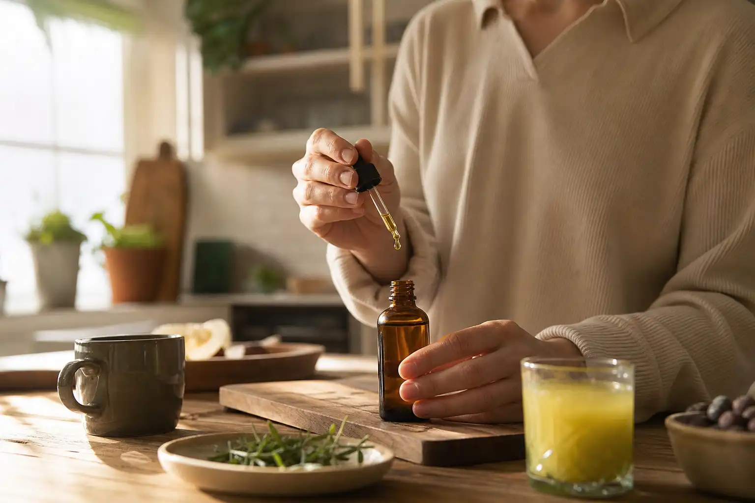 Quelqu'un dispose un objet, autour de liquide cbd, dans une cuisine.