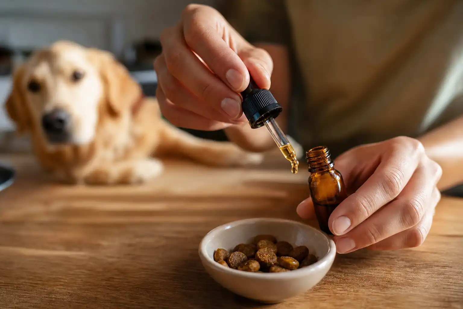 Des mains manipulent un objet, autour de cbd chien, dans une cuisine.