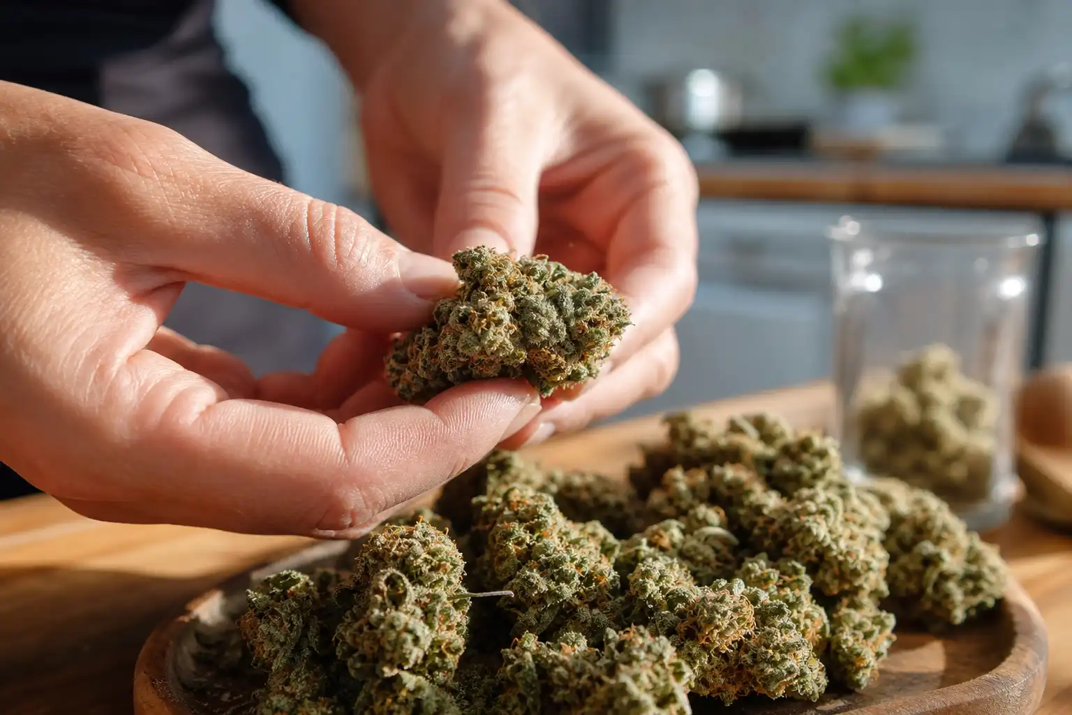 Des mains examinent un objet, autour de fleur cbd conseils, dans une cuisine.