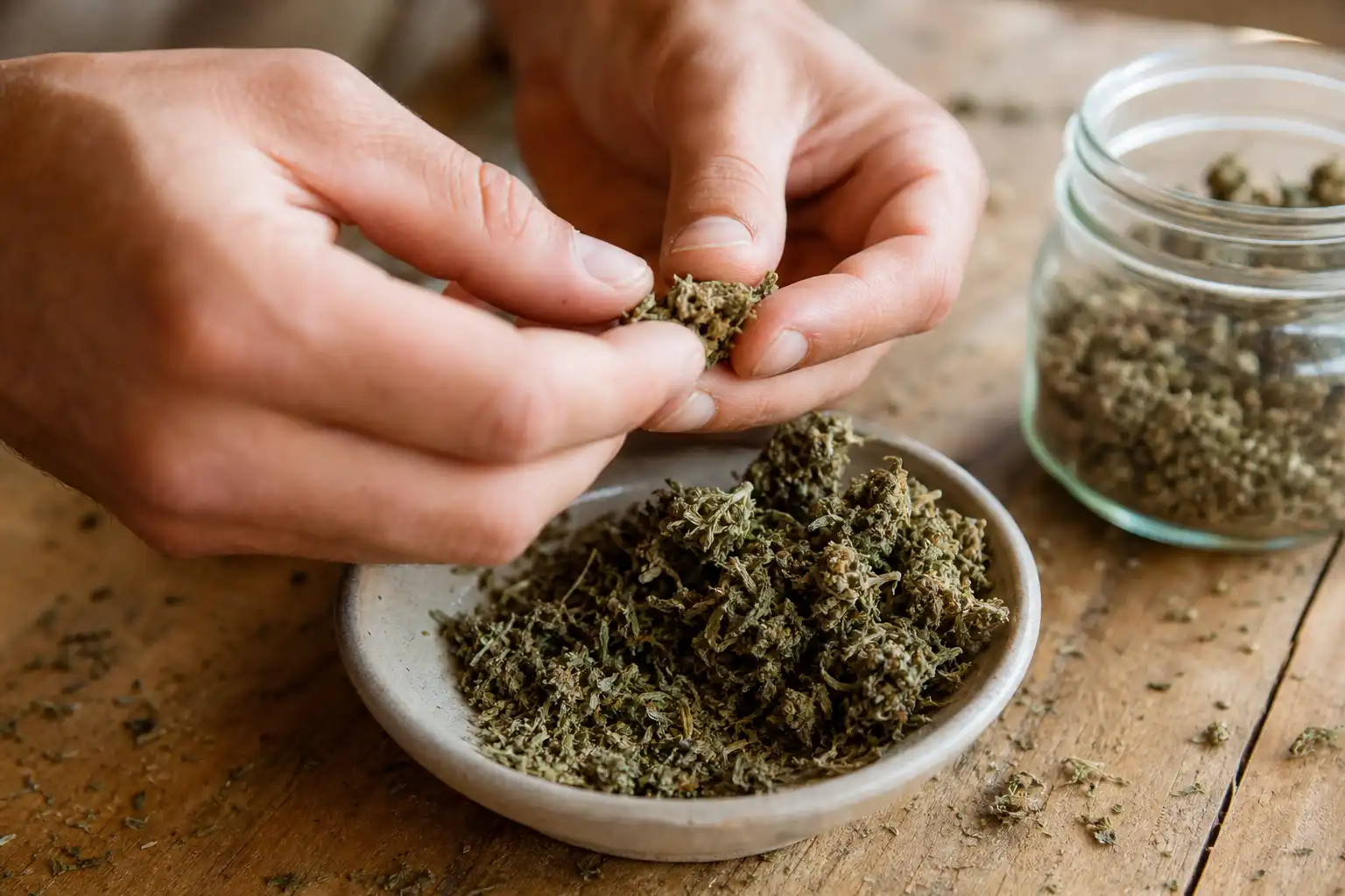 Des mains préparent quelque chose, autour de trim cbd présentation, près d'une table en bois.