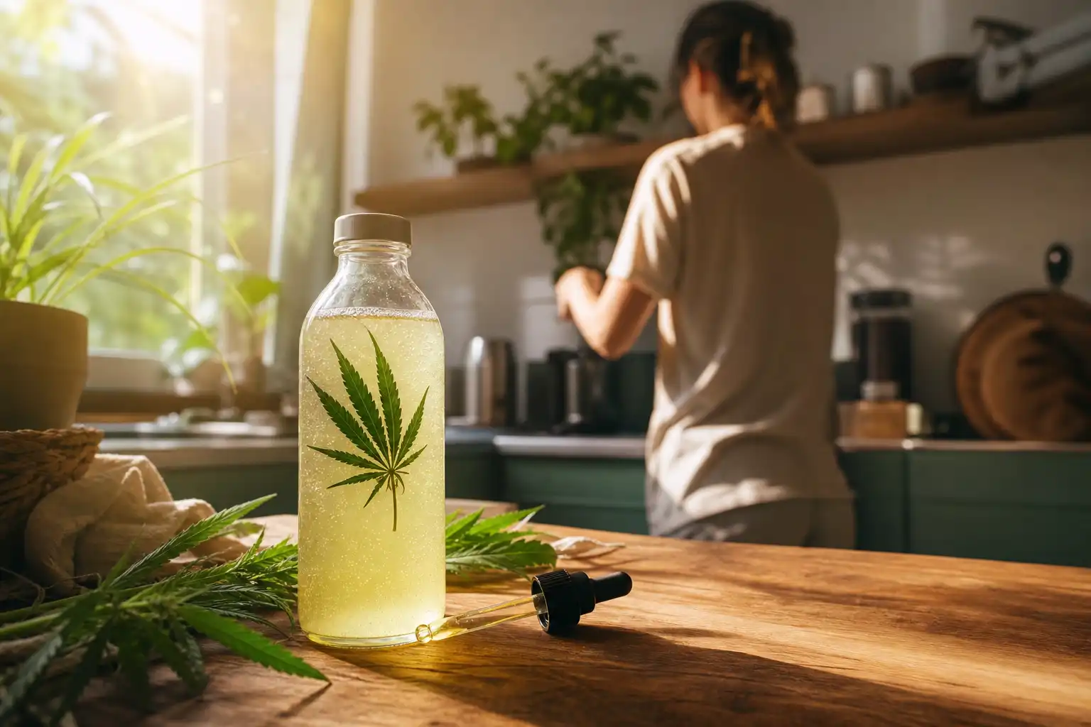 Quelqu'un prépare quelque chose, autour de boisson cbd, dans une cuisine.