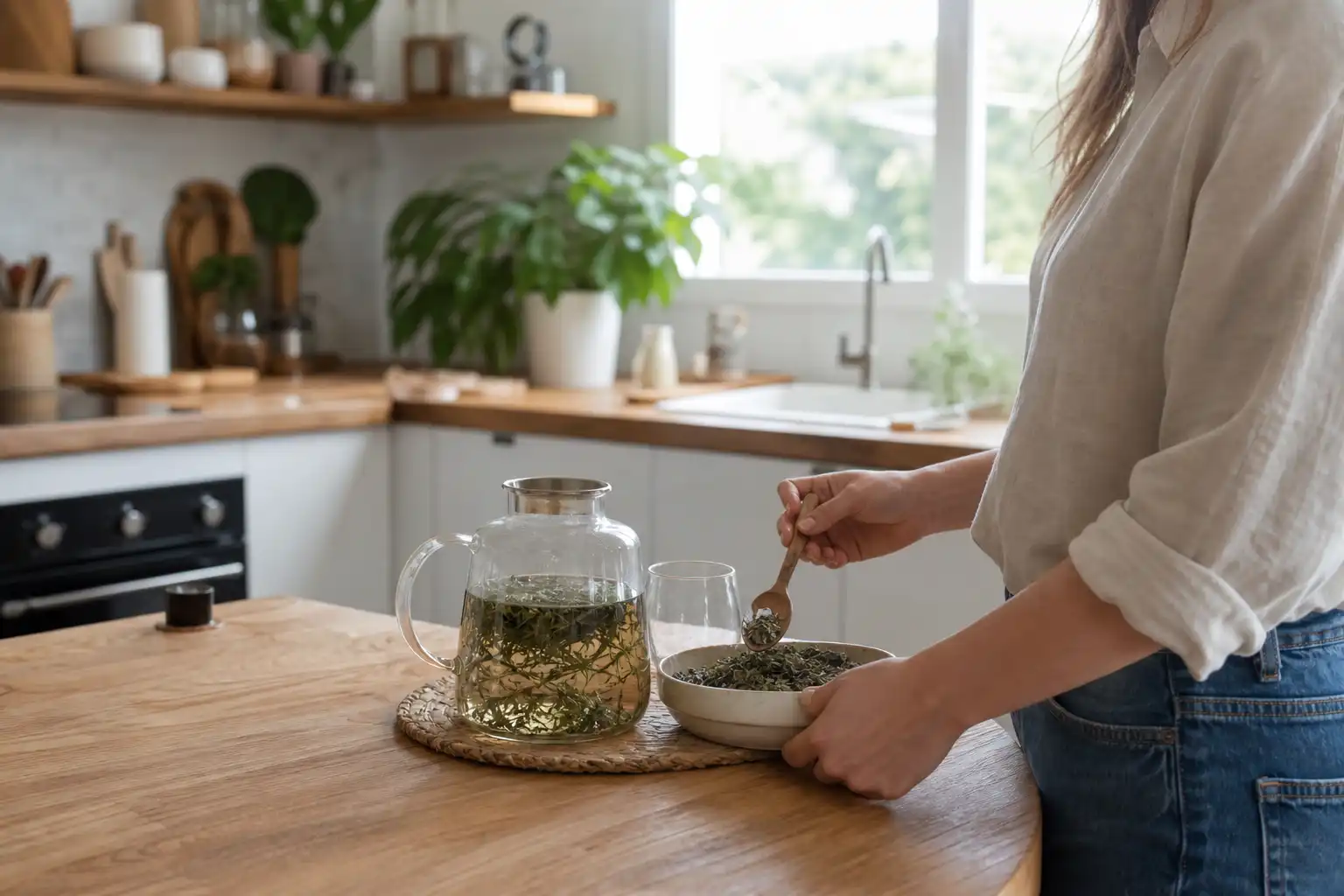 Quelqu'un dose quelque chose, autour de tisane cbd sommeil, dans une cuisine.