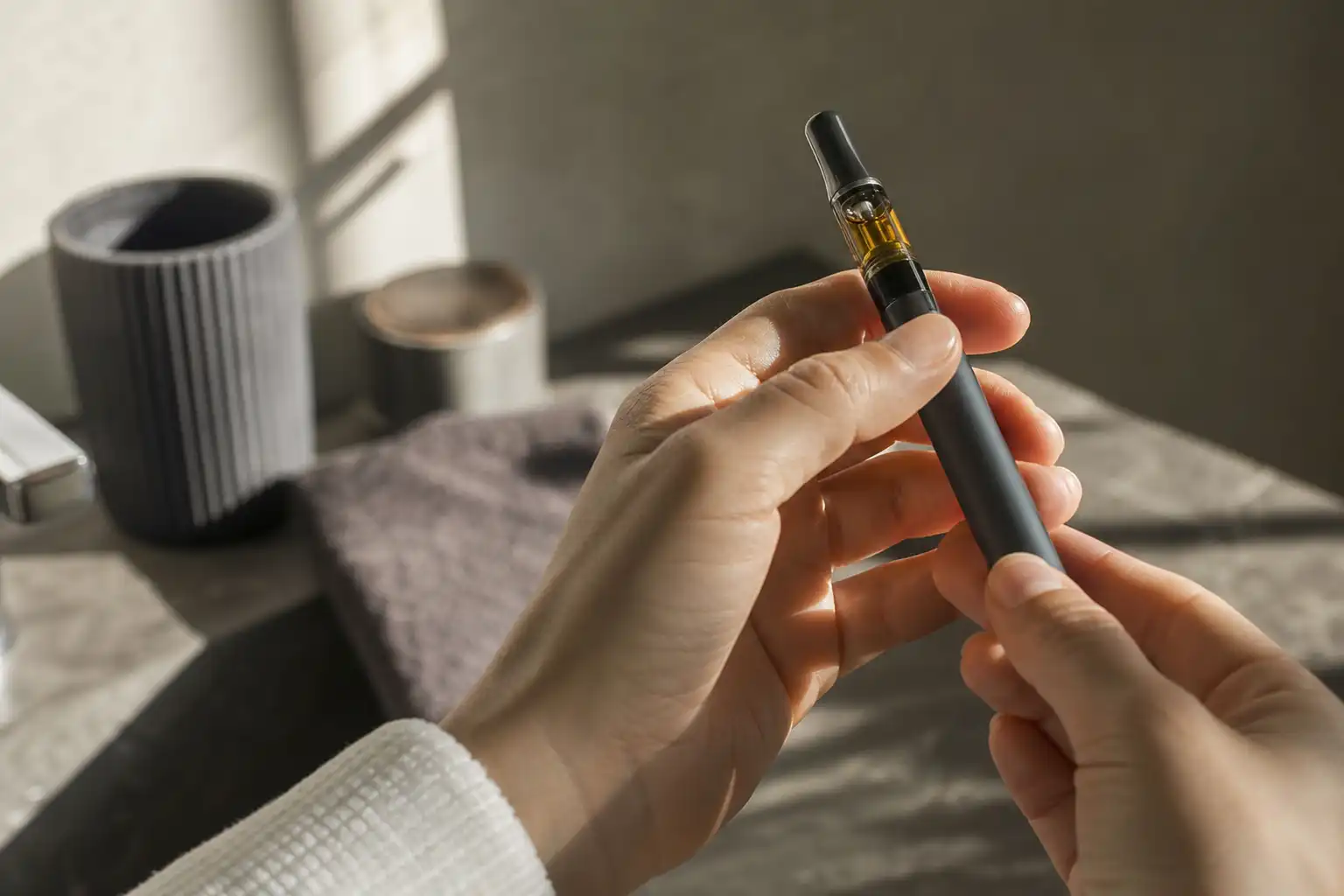 Des mains examinent un objet, autour de vaporisateur cbd, dans une salle de bain.