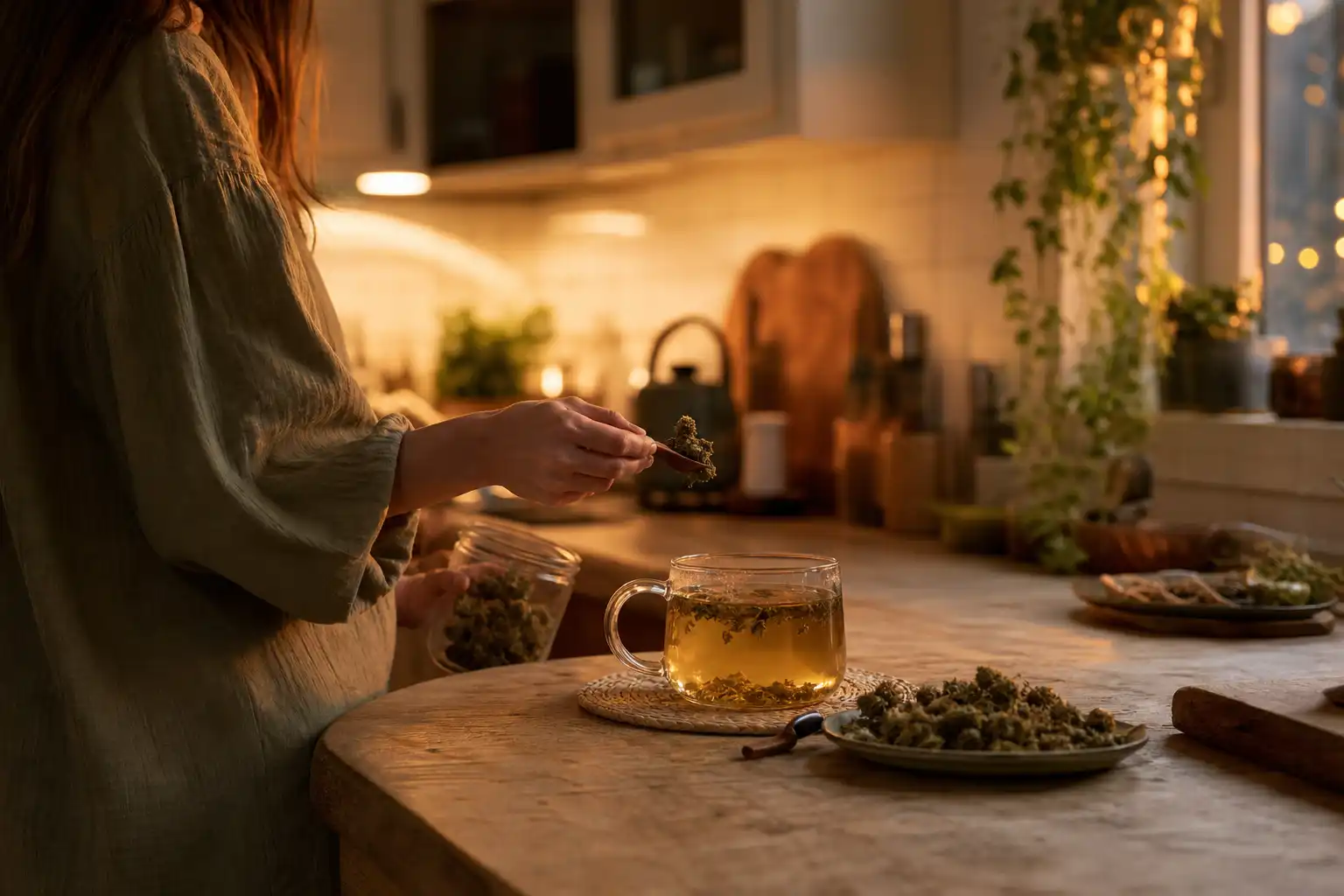 Quelqu'un manipule un objet, autour d'une infusion de chanvre et ses fleurs séchées, dans une cuisine.