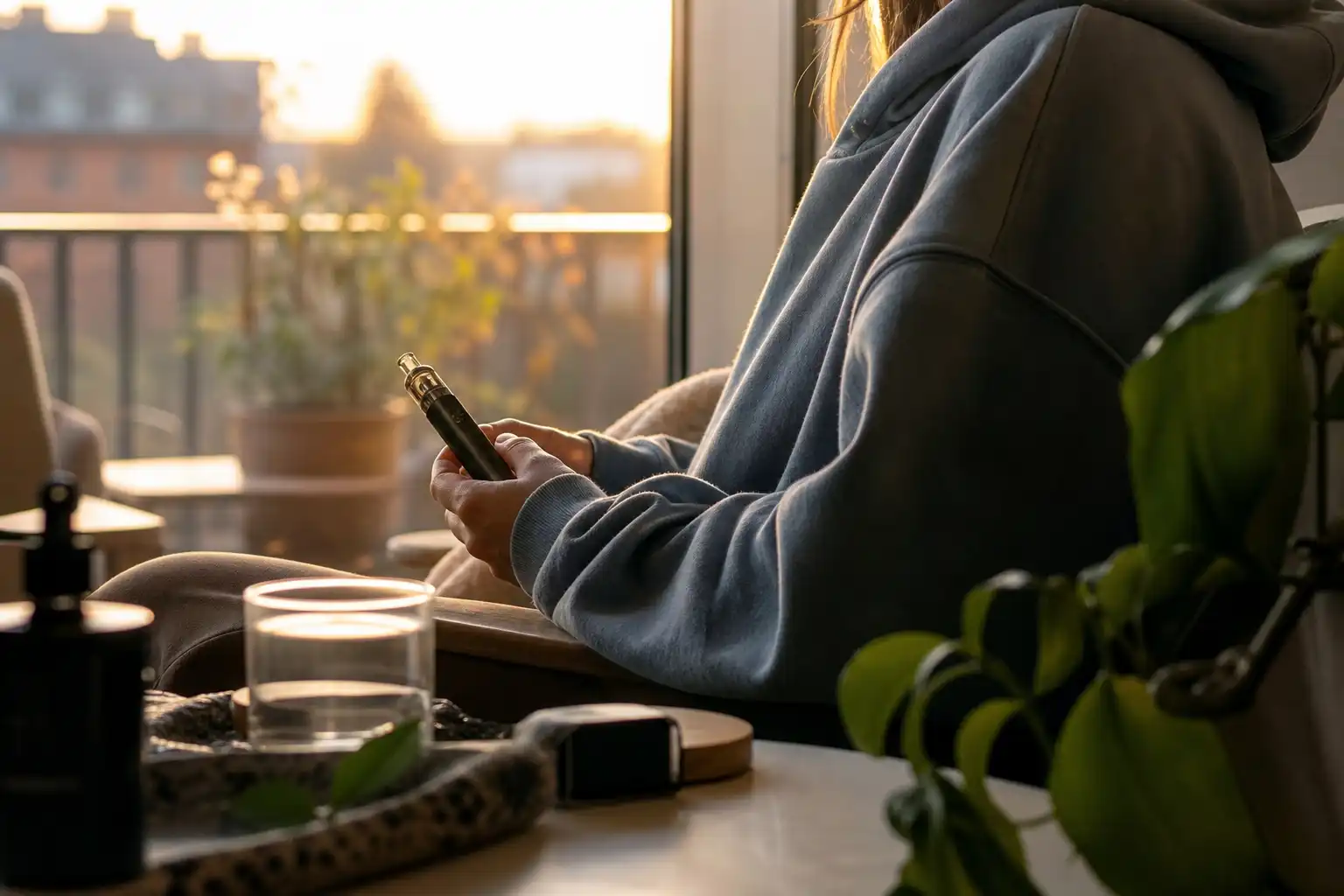 Quelqu'un manipule un objet, autour de puff cbd guide, près d'une fenêtre.